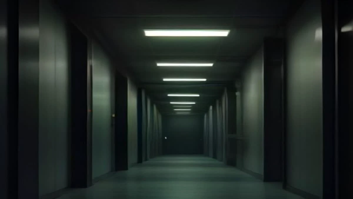 A night view down a data centre corridor with rows of racks and green status LEDs